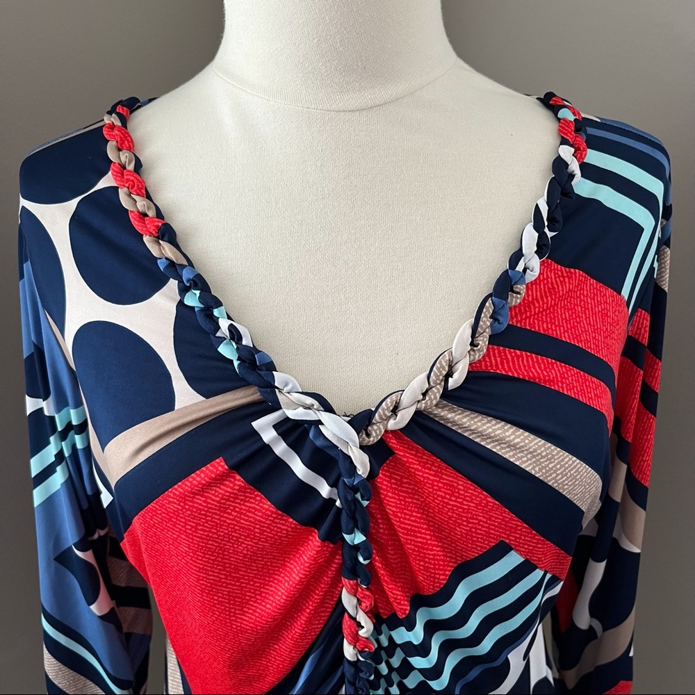 Style & Co. Petite Top Shirt Mixed Print Multi Color Braided Ruched Abst… - Picture 3 of 13